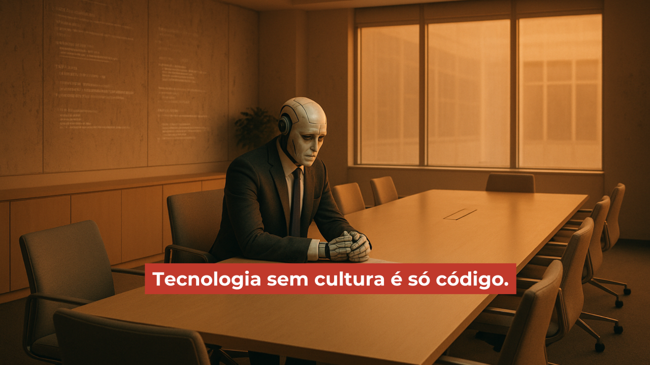 Cultura Organizacional e IA: Robô humanoide em sala de reunião representando liderança estratégica e tecnologia. Na imagem, a frase: Tecnologia sem cultura é só código.