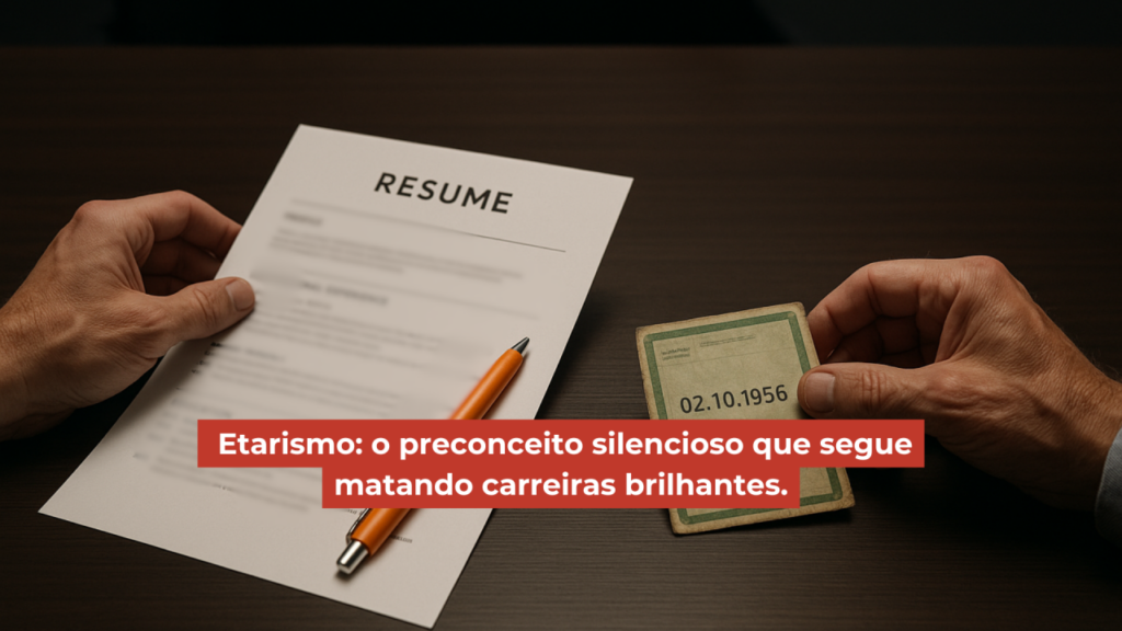 Mãos segurando um currículo e um documento antigo com a data de nascimento 1956, representando o preconceito de idade no mercado.